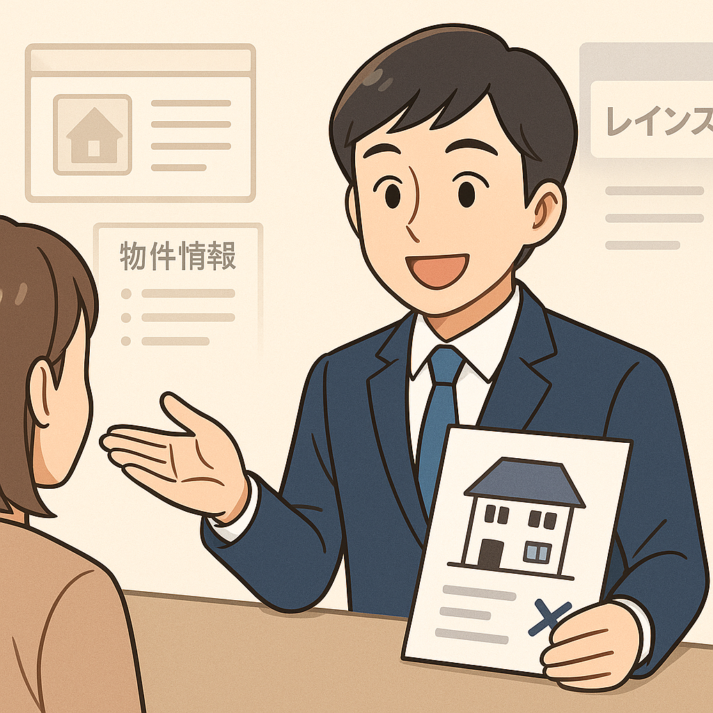 「スーツ姿の若い不動産エージェントが、物件資料を手に笑顔でお客様に接客している様子。背景にはポータルサイトやレインズなどのぼかし表示。」