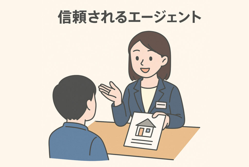 女性の不動産エージェントが図面を手にしながら、顧客に丁寧に説明しているイラスト。「信頼されるエージェント」という文字入り