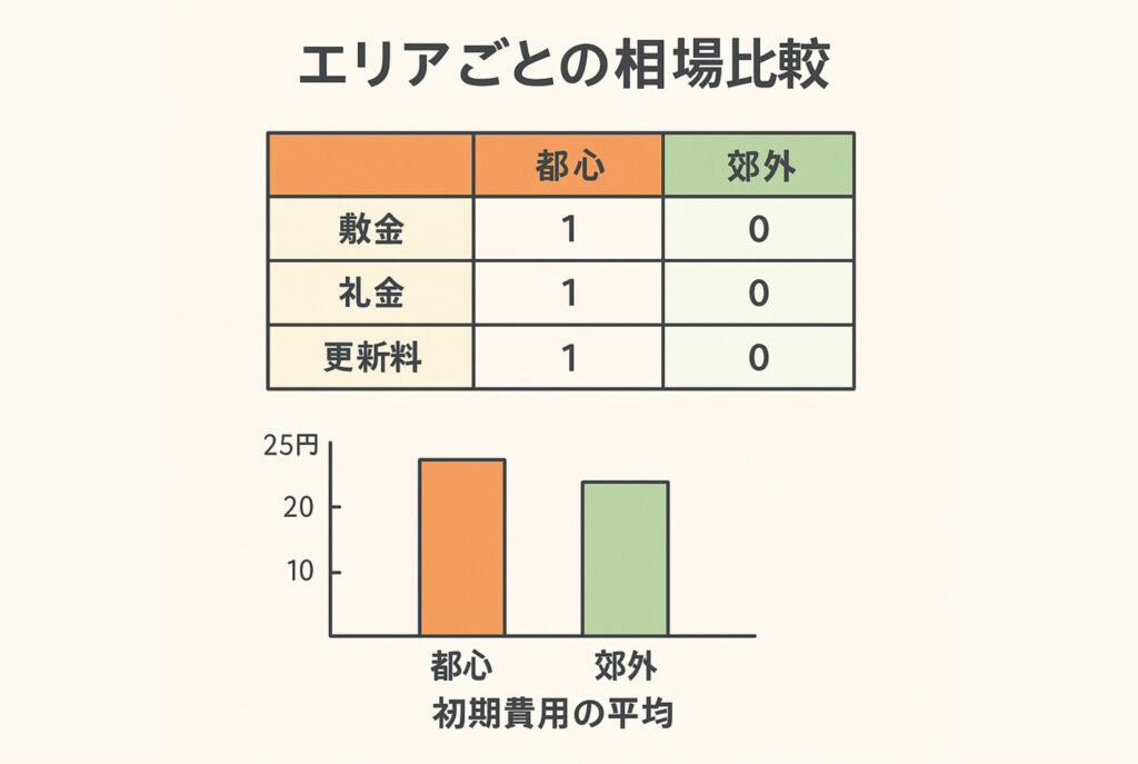 都心と郊外の敷金・礼金・更新料の有無を比較した表と、初期費用の平均を示す棒グラフ。都心はすべて費用あり、郊外はゼロ。