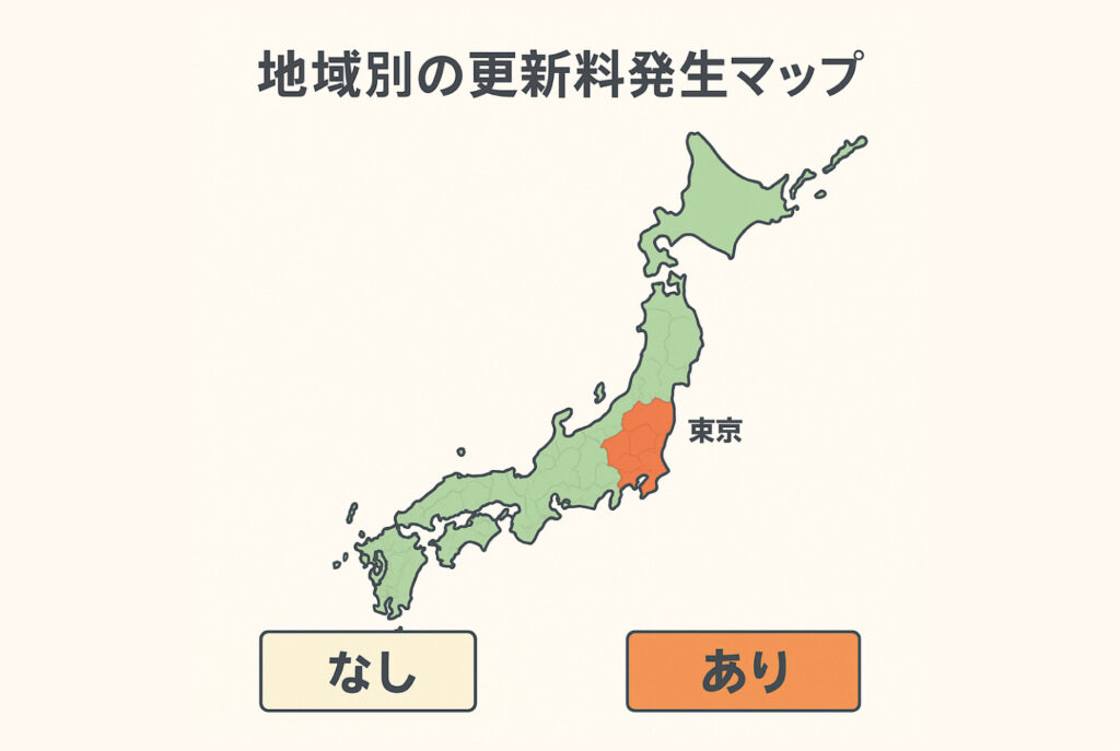 日本地図における更新料の発生状況を示す図。東京都を含む関東エリアは「あり」としてオレンジ色で表示、それ以外は「なし」の緑色。