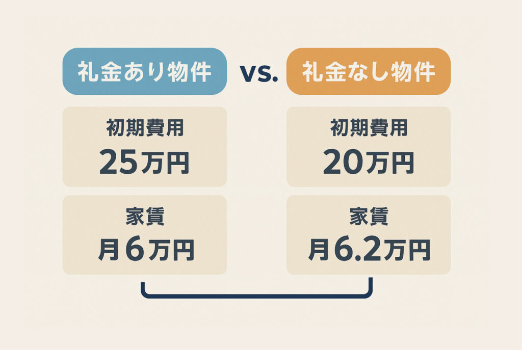 礼金あり物件(初期費用25万円・家賃月6万円)と礼金なし物件(初期費用20万円・家賃月6.2万円)の比較図。短期的には安く見えるが、長期的には要注意。