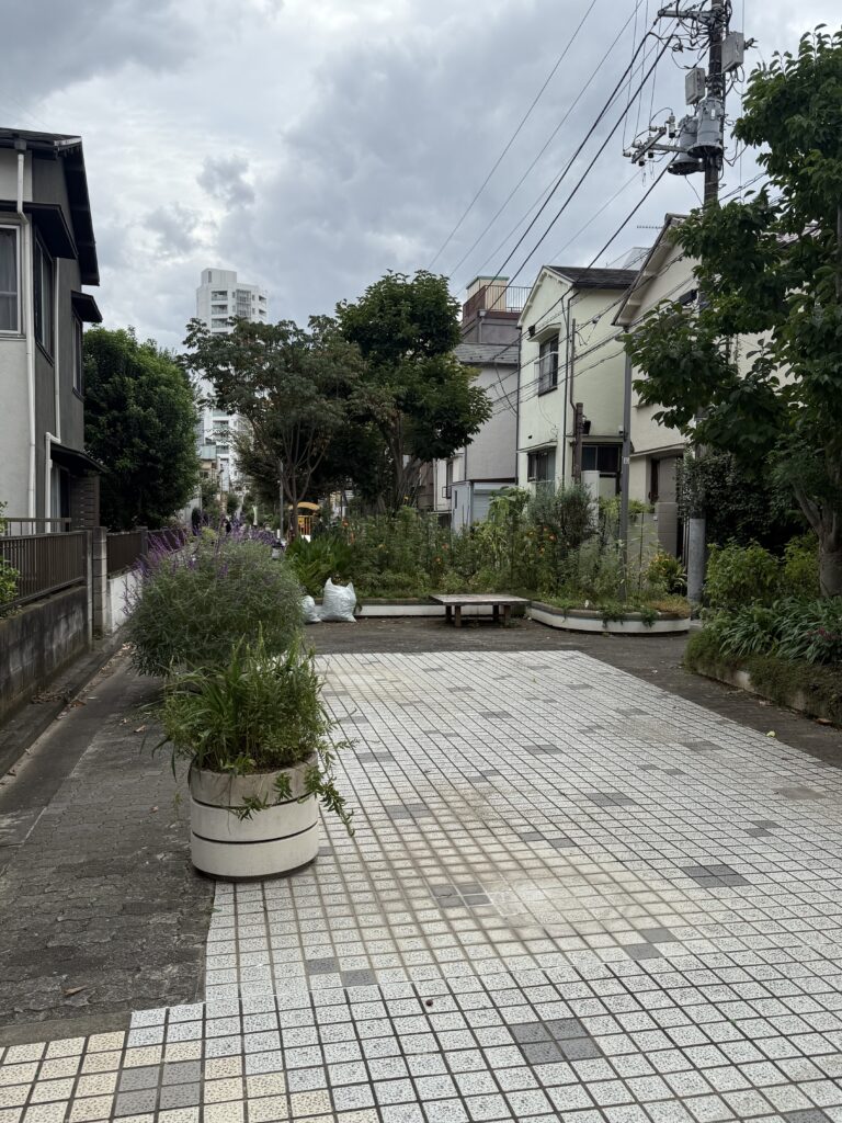 花壇とベンチのある緑道