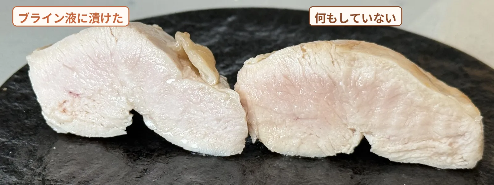 焼いた鶏むね肉の外側の比較。左のブライン液に漬けた方はツヤがあり、右の何もしていない方は乾いて見える