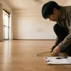 家具を出した空っぽの部屋で、床の小さなキズにメジャーを当てて測る人