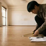 家具を出した空っぽの部屋で、床の小さなキズにメジャーを当てて測る人