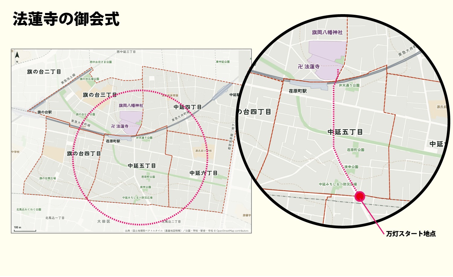 法蓮寺のお会式の万灯ルート。中延5丁目の南端のスタート地点から北上し、荏原町駅の脇を抜けて法蓮寺へ向かう