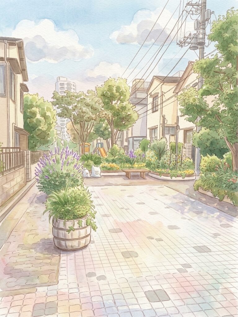 花壇と鉢植えが並ぶタイル敷きの緑道のイラスト