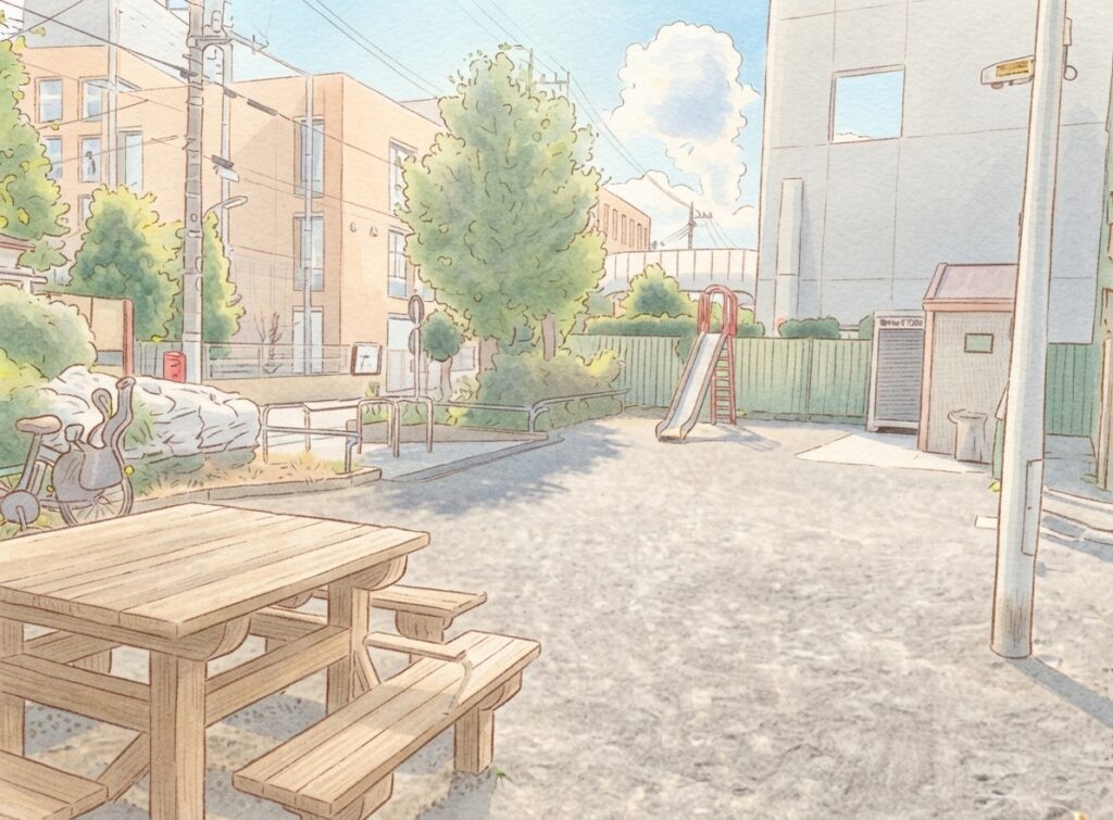 旗の台広場公園のテーブルと滑り台のイラスト