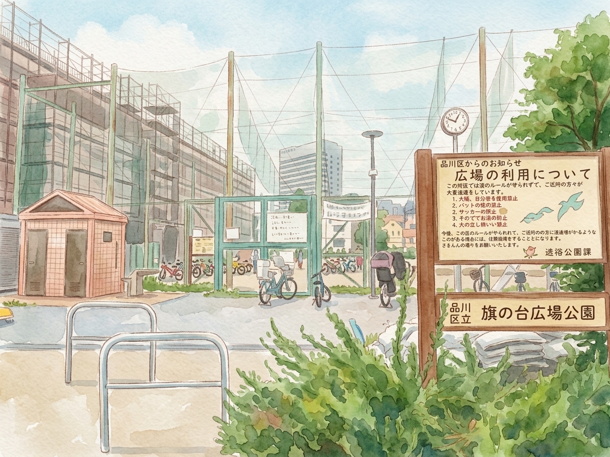 旗の台広場公園の入口と看板のイラスト