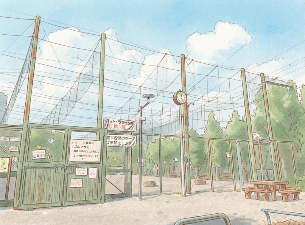 旗の台広場公園の防球ネットと広場の入口のイラスト