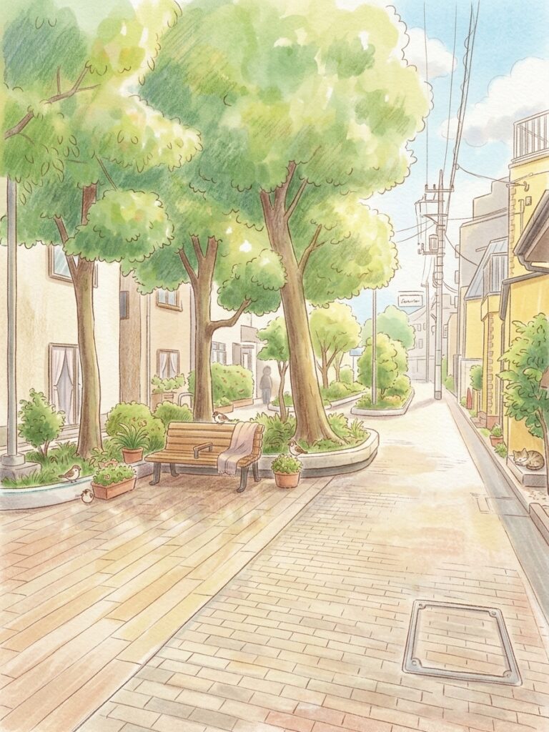 立会川児童遊園（その3）のベンチがある緑道のイラスト